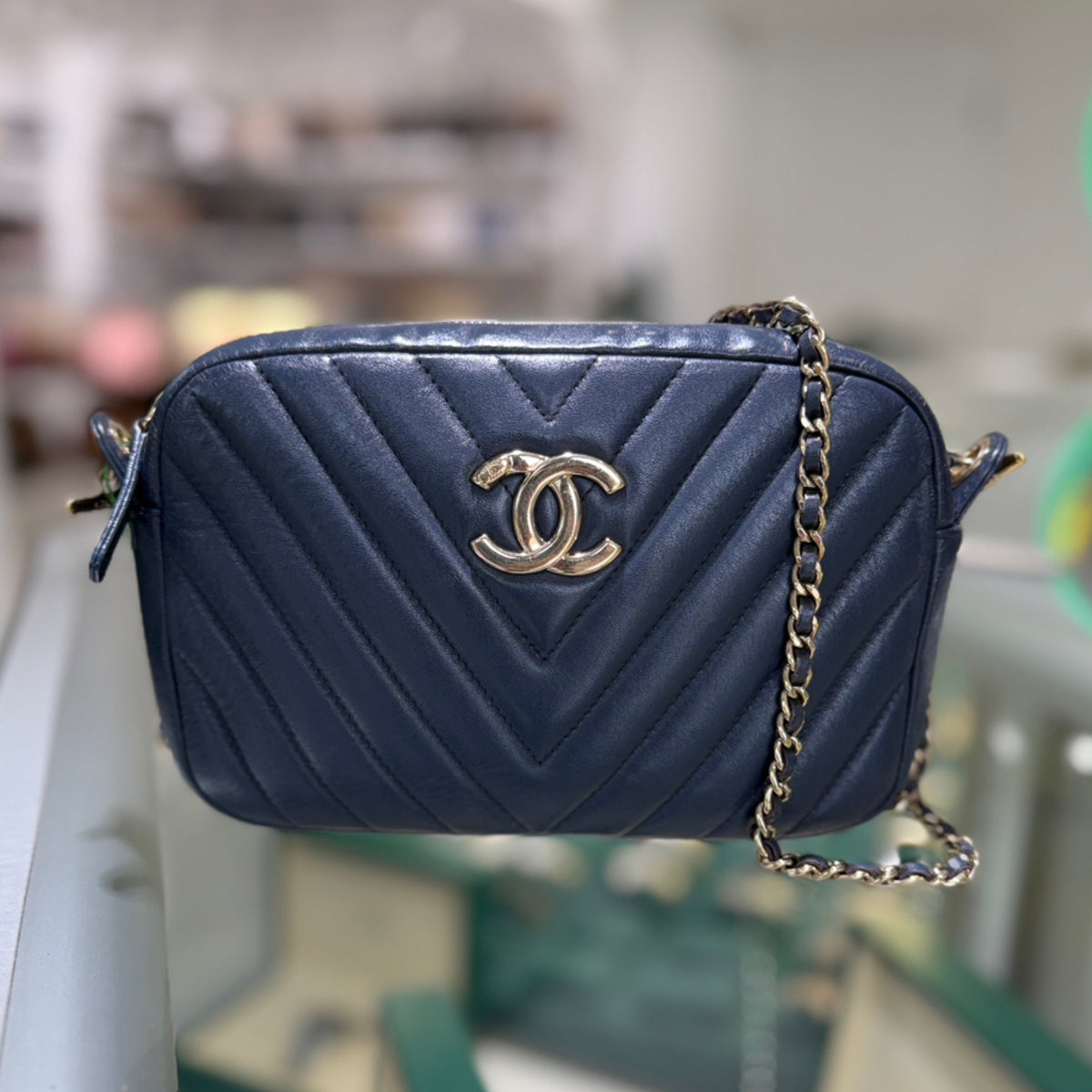 Chanel Small Camera Bag - Navy Blue Quilted Chevron Leather (2014-2015)