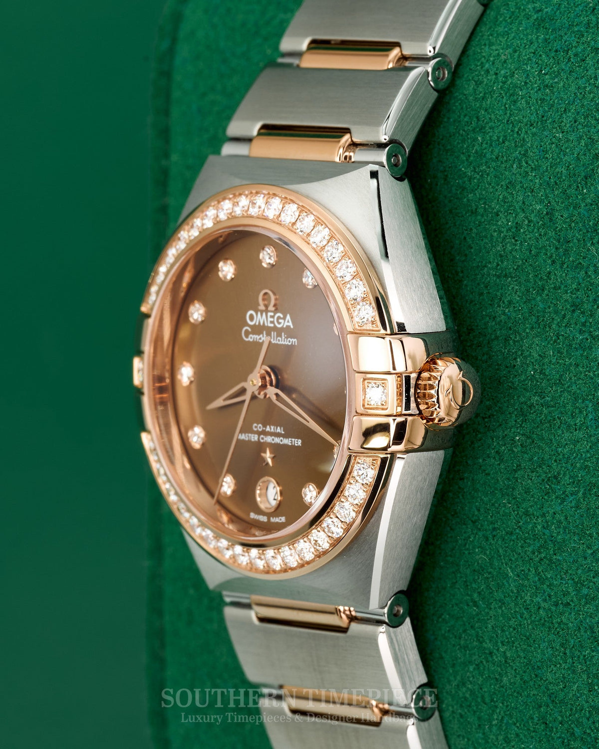 Brand New 2025 29mm Omega Constellation in 18kt Rose Gold and SS w/ Chocolate Dia Dial and Dia Bezel (Ref: 13125292063001)(Year: 2025)(Box & Papers)