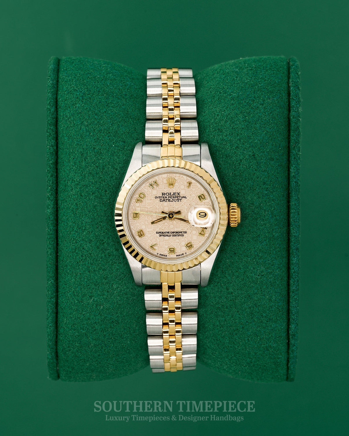 26mm Rolex Datejust with a Cream Anniversary Arabic Dial in 18kt Yellow Gold & Stainless on Jubilee (Ref: 69173)(Year: 1984)