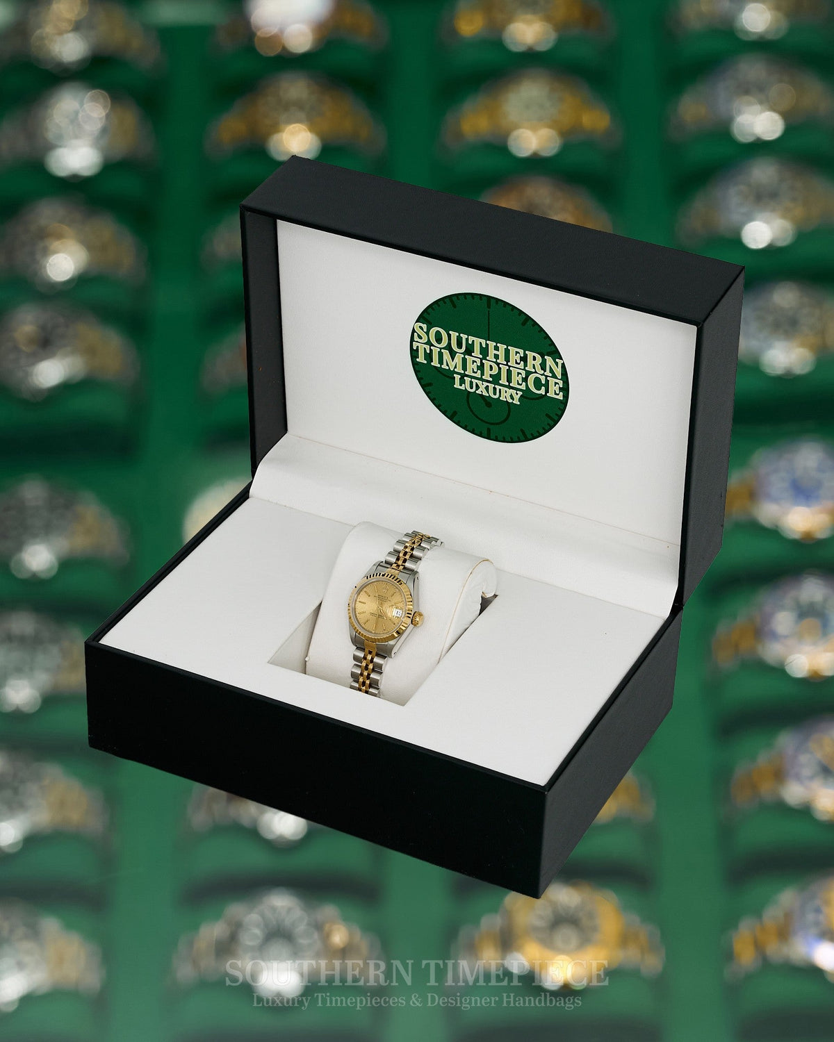 26mm Rolex Datejust with Champagne Tapestry Dial in 18kt Yellow Gold and Stainless on Jubilee (Ref: 69173)(Year: 1989)