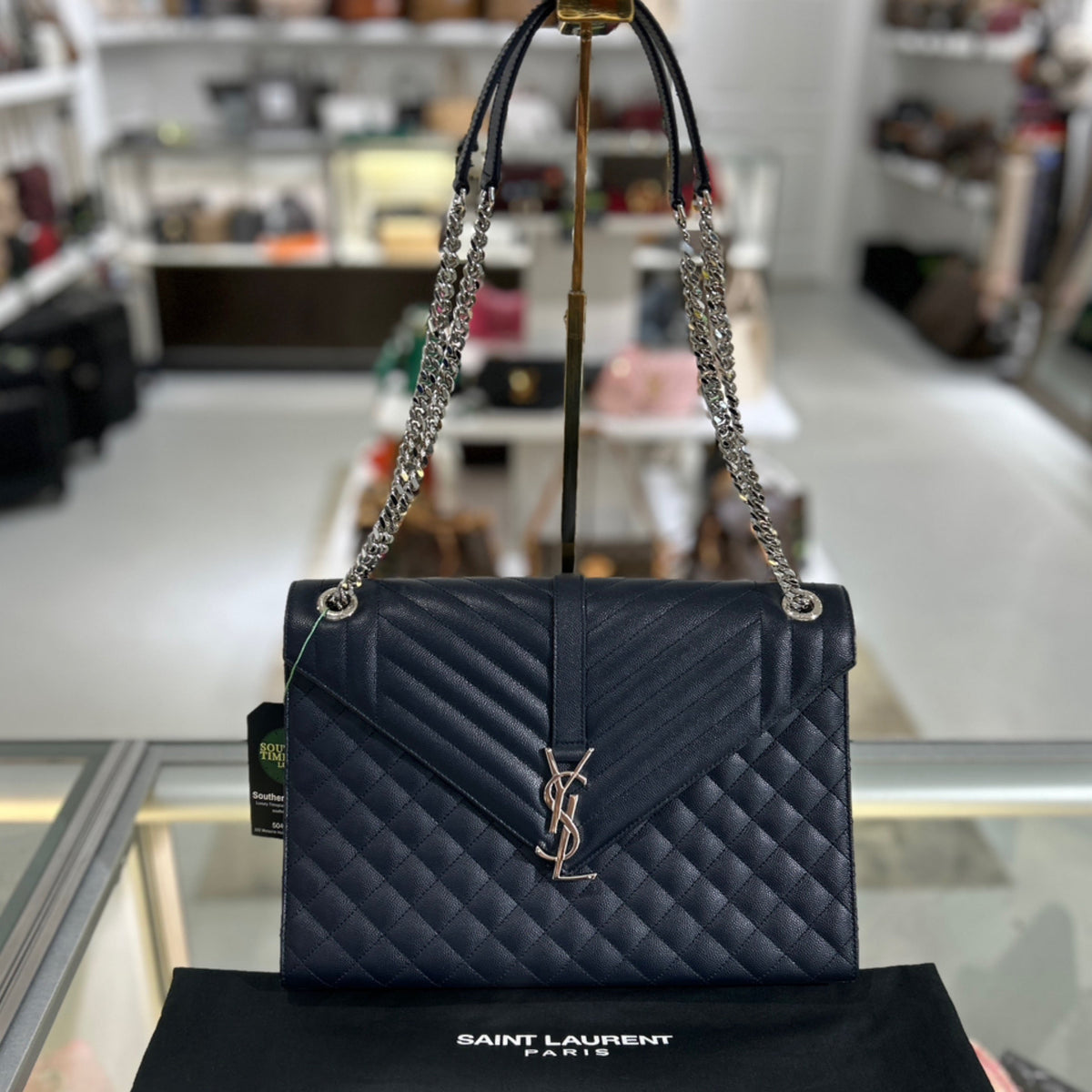 Saint Laurent YSL Envelope Large Flap Bag - Navy Triquilt Grain De Poudre Embossed Leather