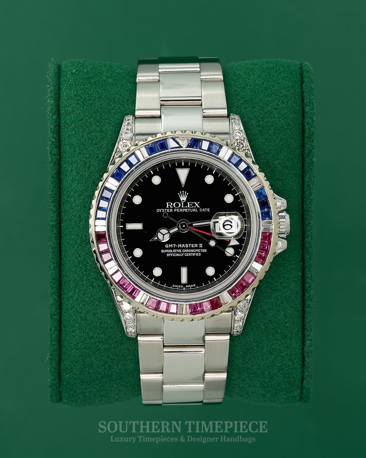 40mm Rolex GMT-Master II with Custom Diamond/Ruby/Sapphire Bezel and Diamond Lugs in Stainless Steel on Oyster (Ref: 16710)(Year: 2003)