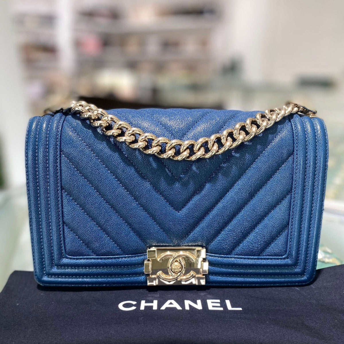 Chanel Medium Boy Bag - Chevron Blue Caviar Leather & Gold Hardware