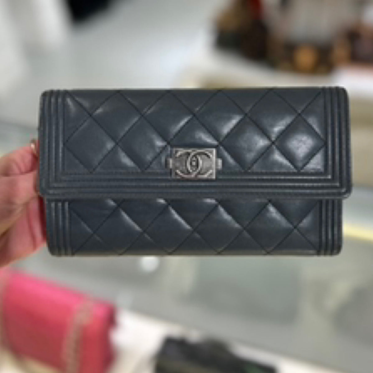 Chanel Quilted Grey Large Boy Gusset Flap Wallet