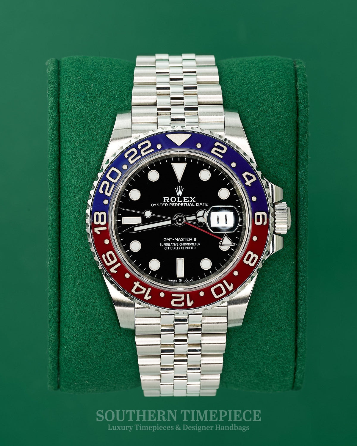 40mm Rolex GMT-Master II "Pepsi" with Navy Blue and Red Bezel in Stainless Steel on Jubilee (Ref: 126710BLRO)(Year: 2020)(Box & Papers)