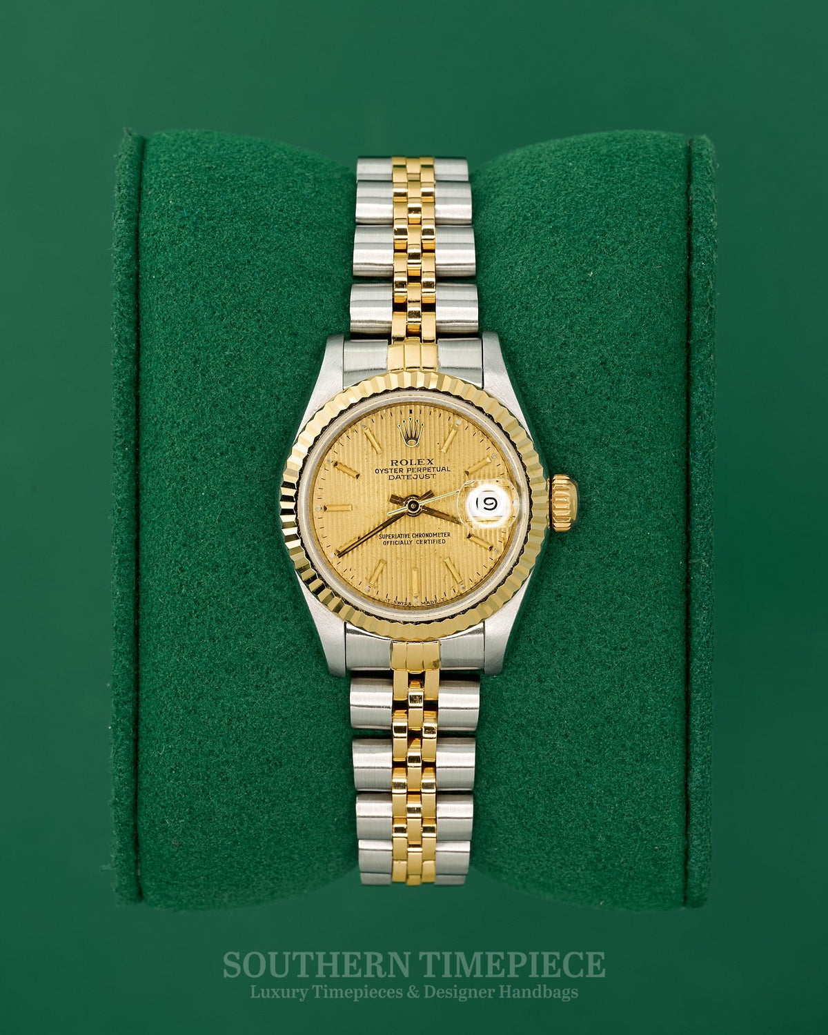 26mm Rolex Datejust with Champagne Tapestry Dial in 18kt Yellow Gold and Stainless on Jubilee (Ref: 69173)(Year: 1989)
