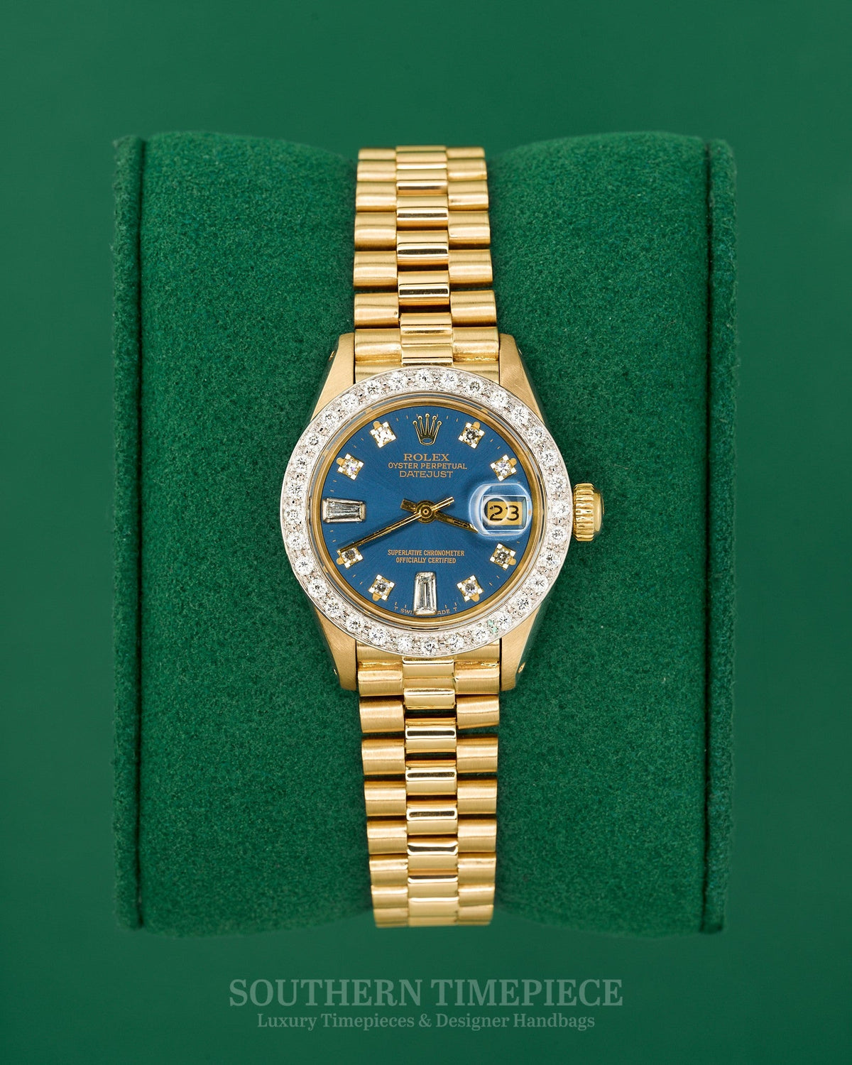 26mm Rolex Datejust "President" with a Custom Blue Diamond Dial and Diamond Bezel in Solid 18kt Yellow Gold (Ref: 6917/8)(Year: 1981)
