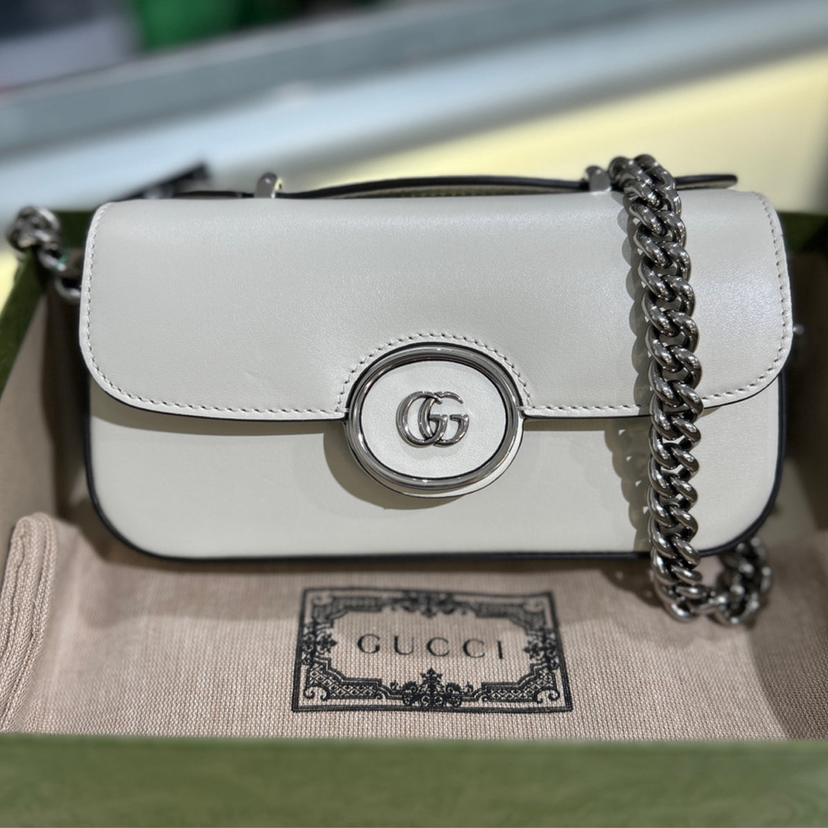 Gucci Petite GG Top Handle Shoulder Bag - Mystic White Calfskin Leather