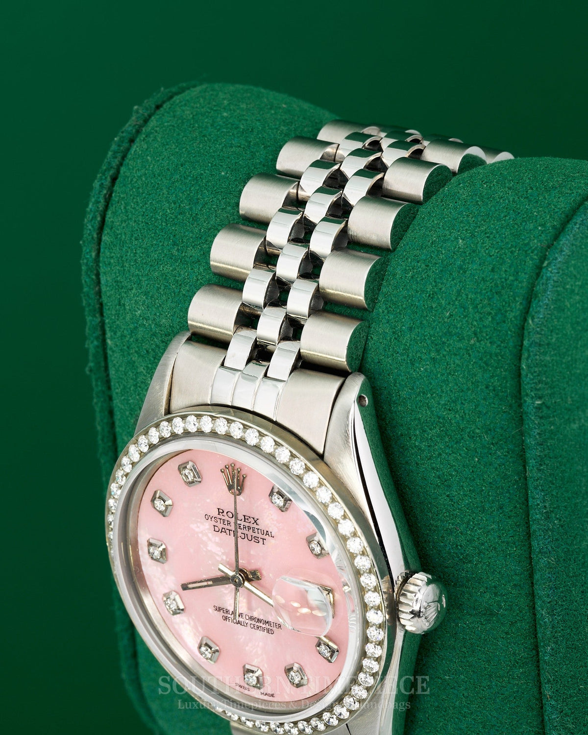 36mm Rolex Datejust in Stainless Steel with Custom Pink Mother of Pearl Diamond Dial and Diamond Bezel (Ref: 16014)(Year: 1981)