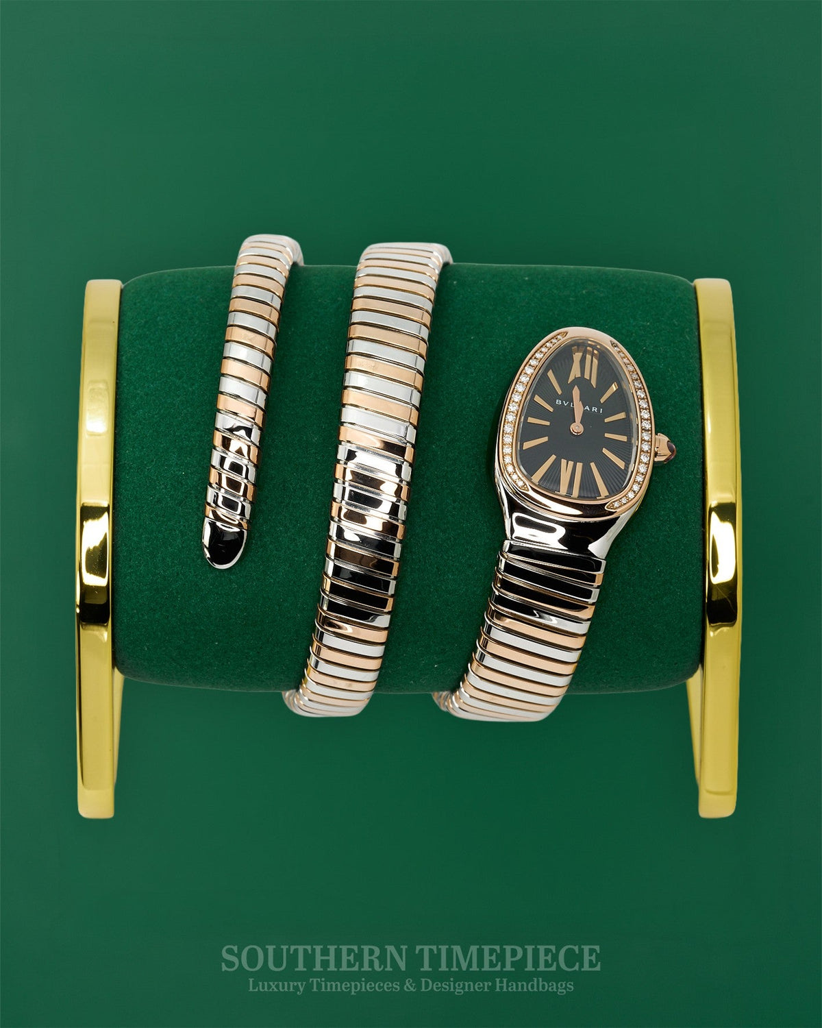 35mm Bvlgari Serpenti Tubogas with Black Dial in 18kt Rose Gold and Steel- Double Spiral Bracelet and Diamonds (Ref: 102099)(Year: 2018)(Box & Papers)