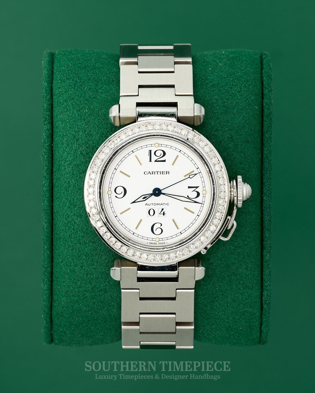 35mm Cartier Pasha Large in Stainless Steel with a White Dial and Custom Diamond Bezel (Ref: W31044M7)