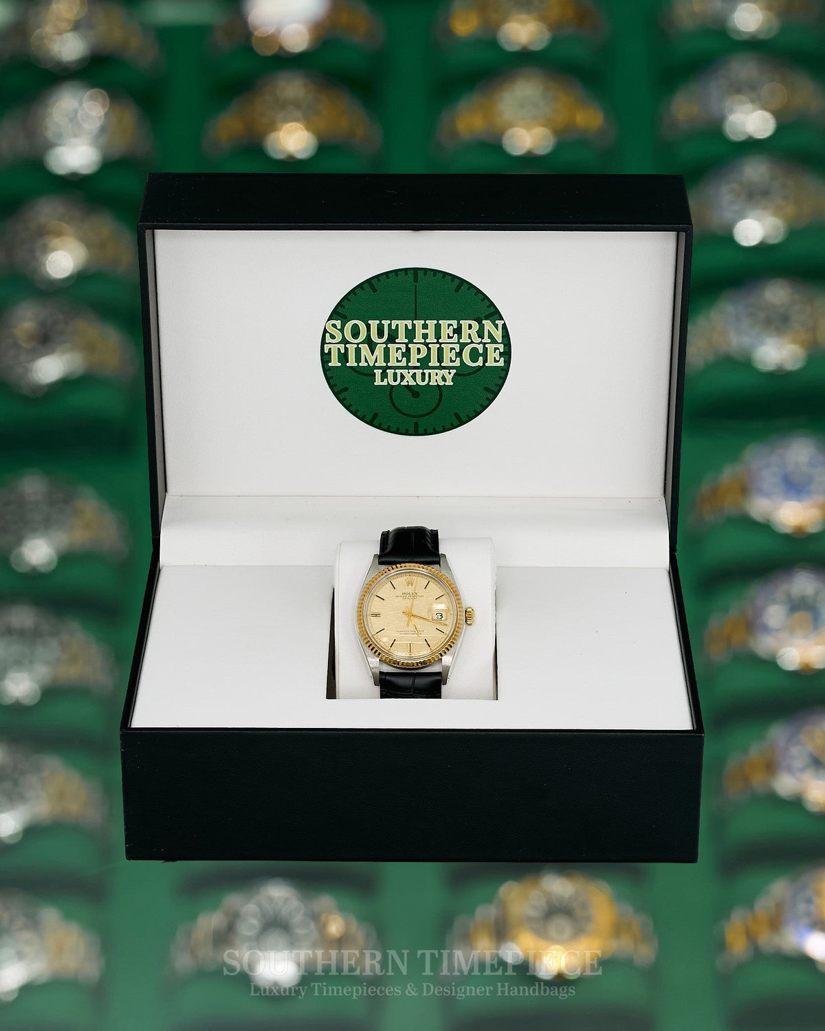 36mm Rolex Datejust with Champagne Linen Dial in Yellow Gold and Stainless on AM Black Leather (Ref: 1601)(Year: 1970)