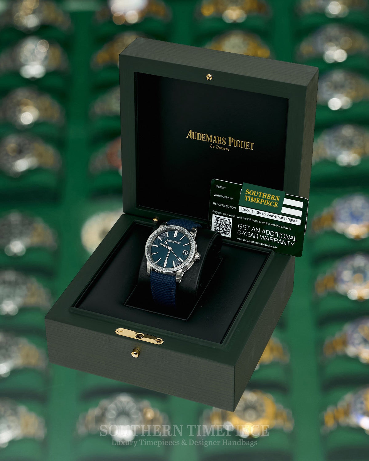 Brand New 2024 41mm Audemars Piguet Code 11.59 Blue in Stainless Steel on Blue Rubber (Ref: 15210ST)(Year: 2024)(Box & Papers)