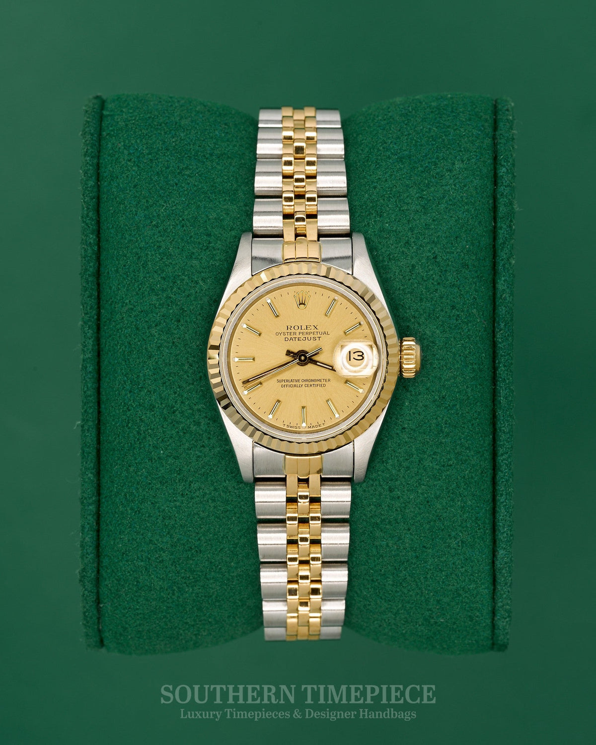 26mm Rolex Datejust with a Custom White Diamond Dial in 18kt Yellow Gold and Stainless on Jubilee (Ref: 69173)(Year: 1990)(SKU: 8324688)