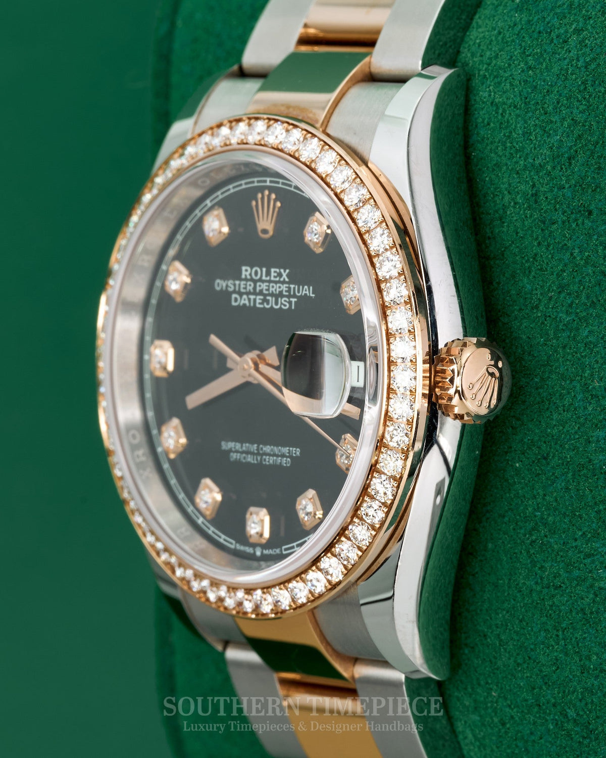 36mm Rolex Datejust in 18kt Everose Gold and Stainless with Factory Black Diamond Dial and Diamond Bezel (Ref: 126281RBR)(Year: 2020+)