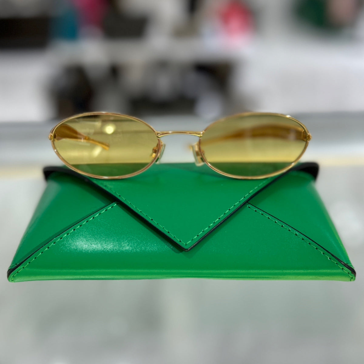 Bottega Veneta Sardine Oval Sunglasses - Gold-Finish metal w/ Green Tinted Lenses