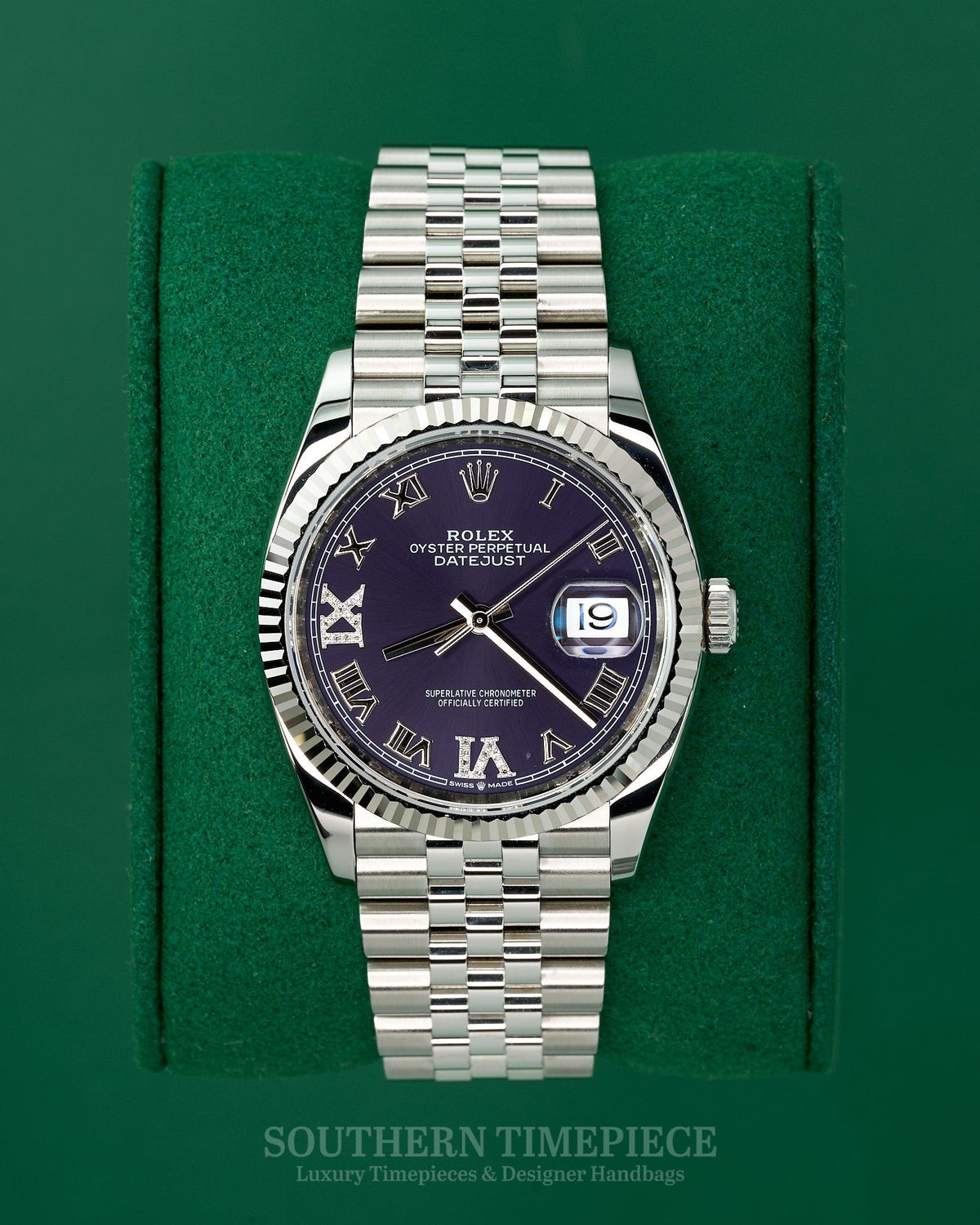 36mm Rolex Datejust in Oystersteel and 18kt White Gold with Factory Purple Diamond Dial on Jubilee (Ref: 126234)(Year: 2021)(Box & Papers)