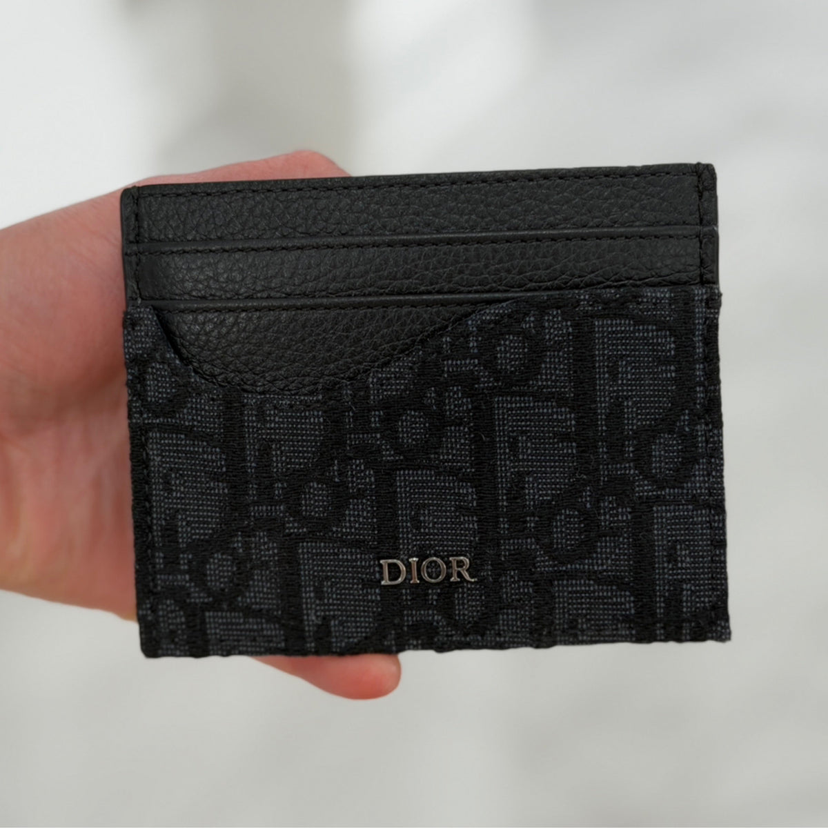 Christian Dior Saddle Card Holder - Black Grained Calfskin Marquetry & Black Dior Oblique Jacquard