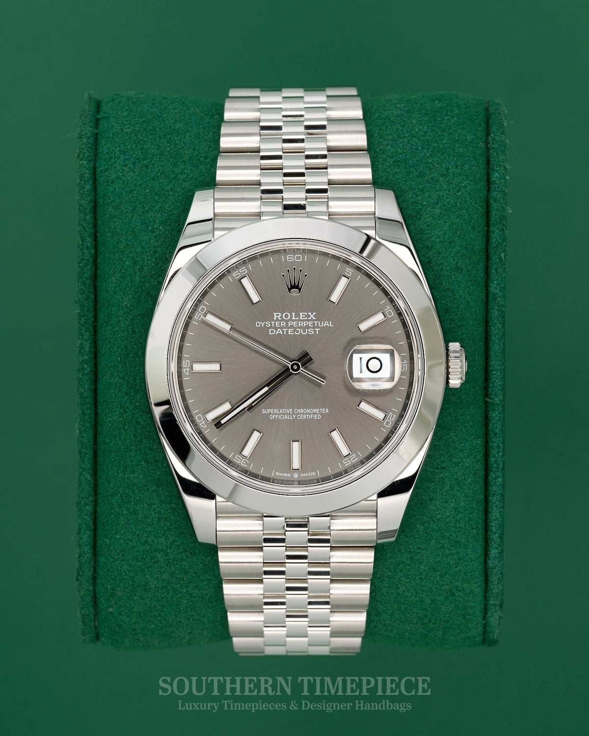 41mm Rolex Datejust with Rhodium Stick Dial in Stainless Steel on Jubilee Bracelet (Ref: 126300)(Year: 2026)(Box & Papers)