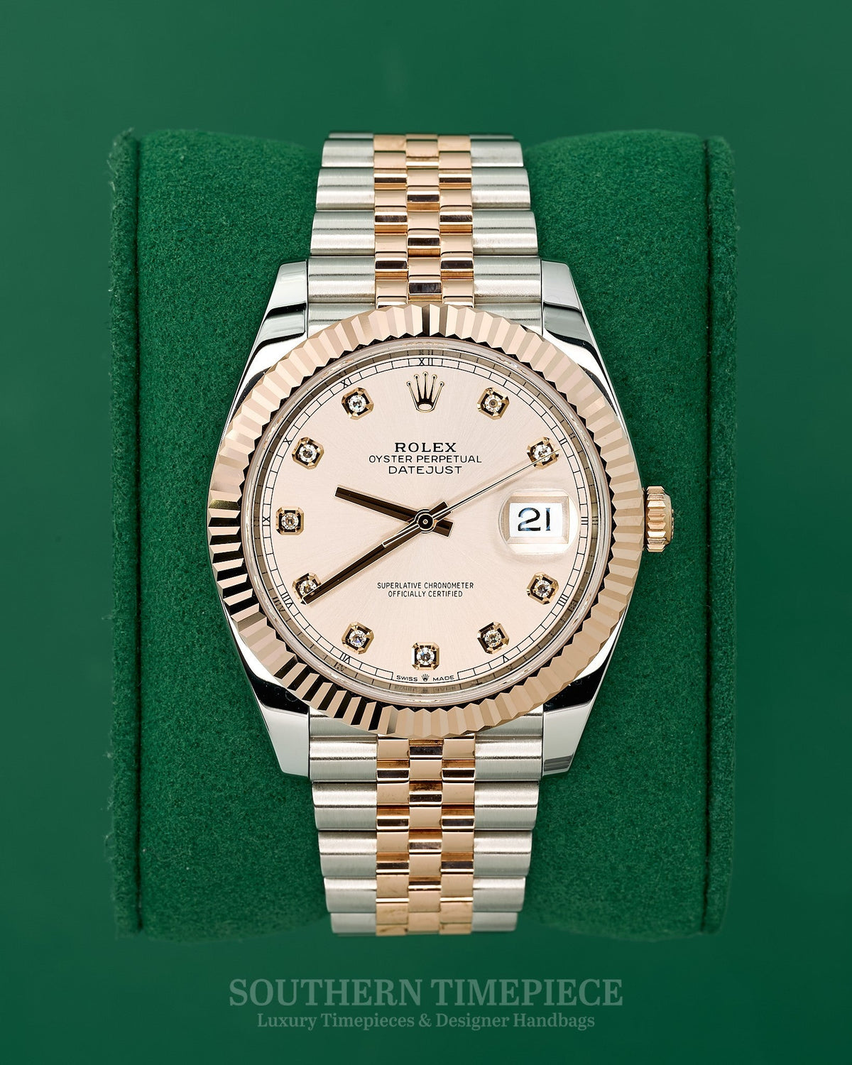 41mm Rolex Datejust with Factory Sundust Diamond Dial in 18kt Everose Gold & Stainless on Jubilee Bracelet (Ref: 126331)(Year: 2022)(Box & Papers)