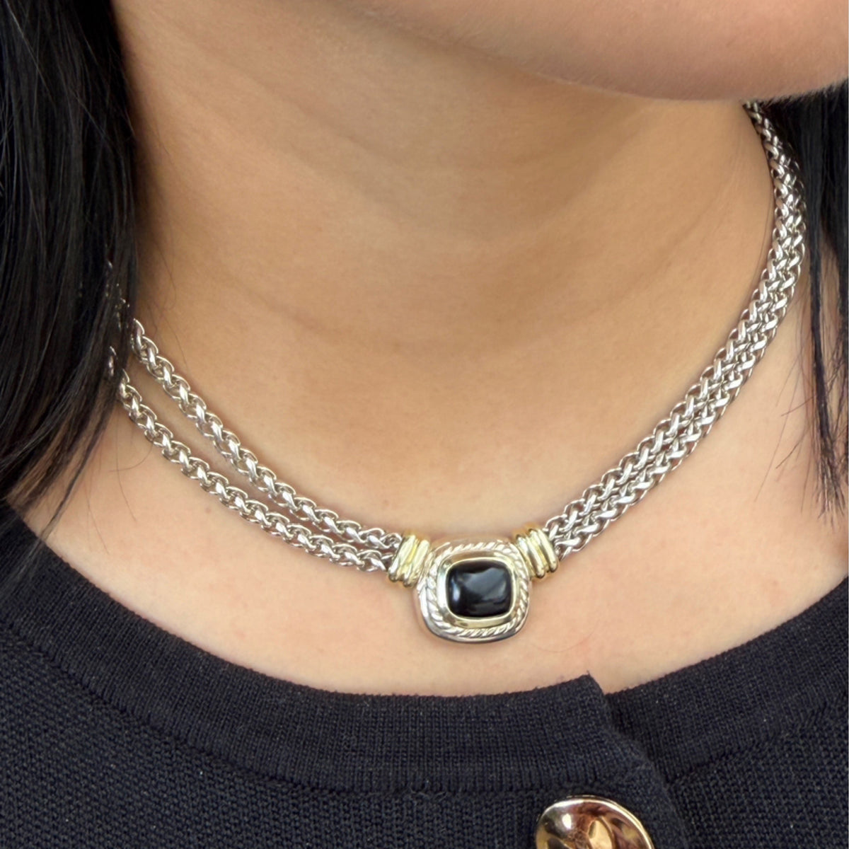 David Yurman Albion Onyx Double Wheat Necklace - Sterling Silver with 18kt Yellow Gold