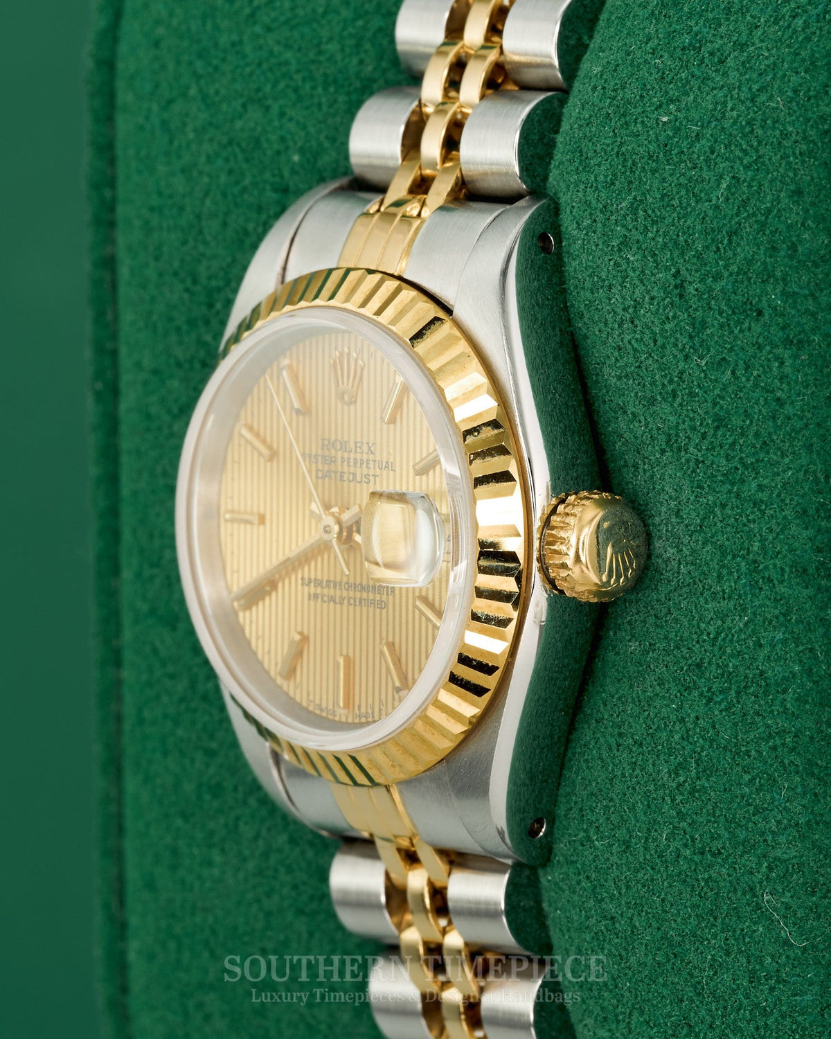 26mm Rolex Datejust with Champagne Tapestry Dial in 18kt Yellow Gold and Stainless on Jubilee (Ref: 69173)(Year: 1991)