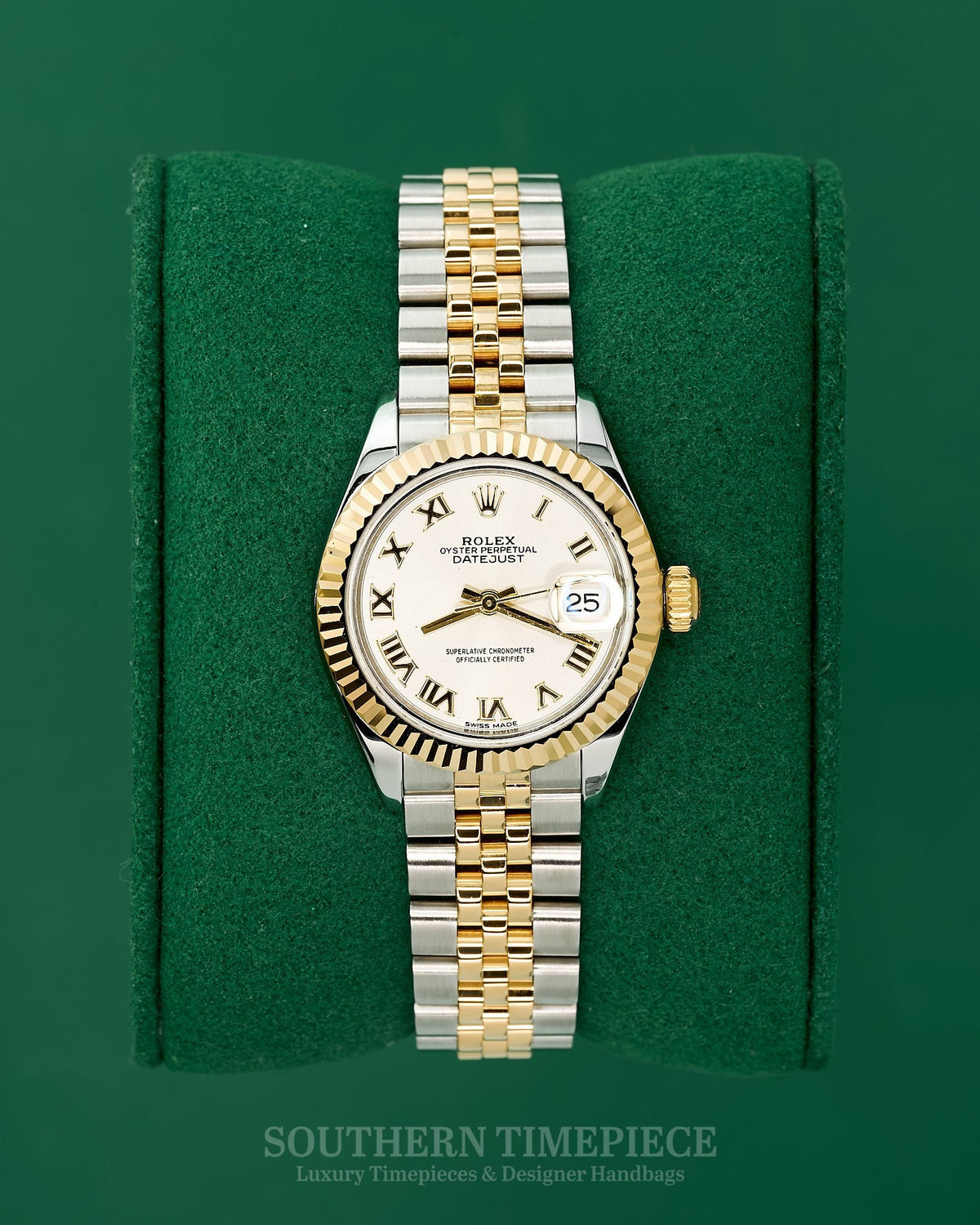 28mm Rolex Datejust with Silver Roman Numeral Dial in 18kt Yellow Gold and Stainless on Jubilee (Ref: 279173)(Year: 2017)(Box & Appraisal)