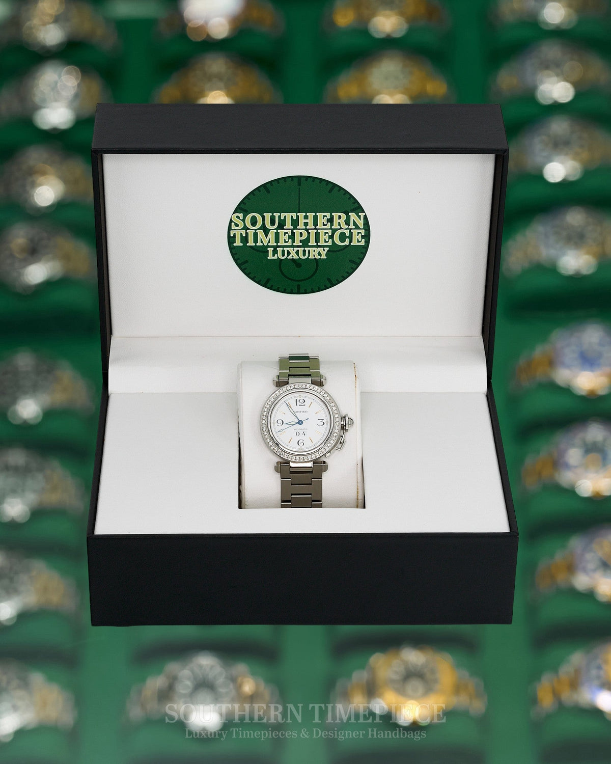 35mm Cartier Pasha Large in Stainless Steel with a White Dial and Custom Diamond Bezel (Ref: W31044M7)