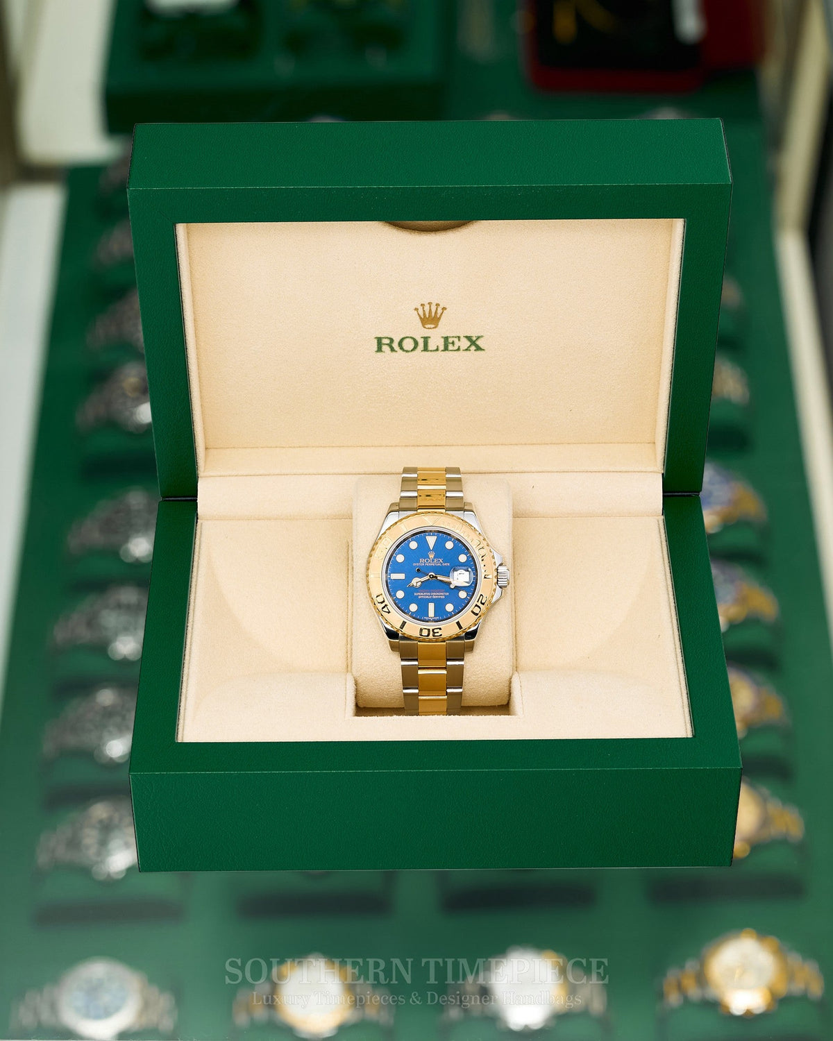 40mm Rolex Yacht-Master with a Factory Blue Dial in 18kt Yellow Gold and Stainless on Oyster (Ref: 16623)(Year: 2008)(Original Box)
