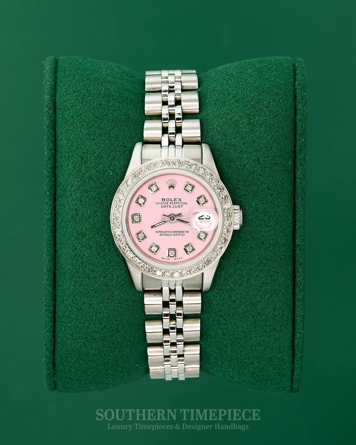 26mm Rolex Datejust with a Custom Candy Pink Diamond Dial and Diamond Bezel (Ref: 69174)(Year: 1991)