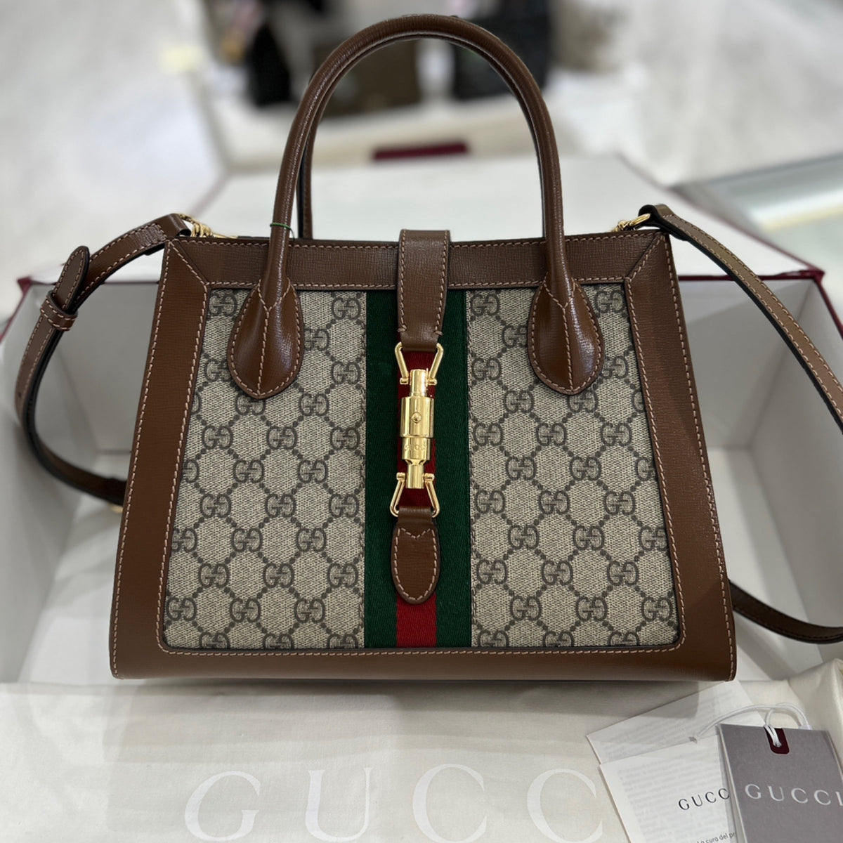 Gucci Jackie 1961 Medium Tote Bag - GG Supreme Canvas & Brown Leather