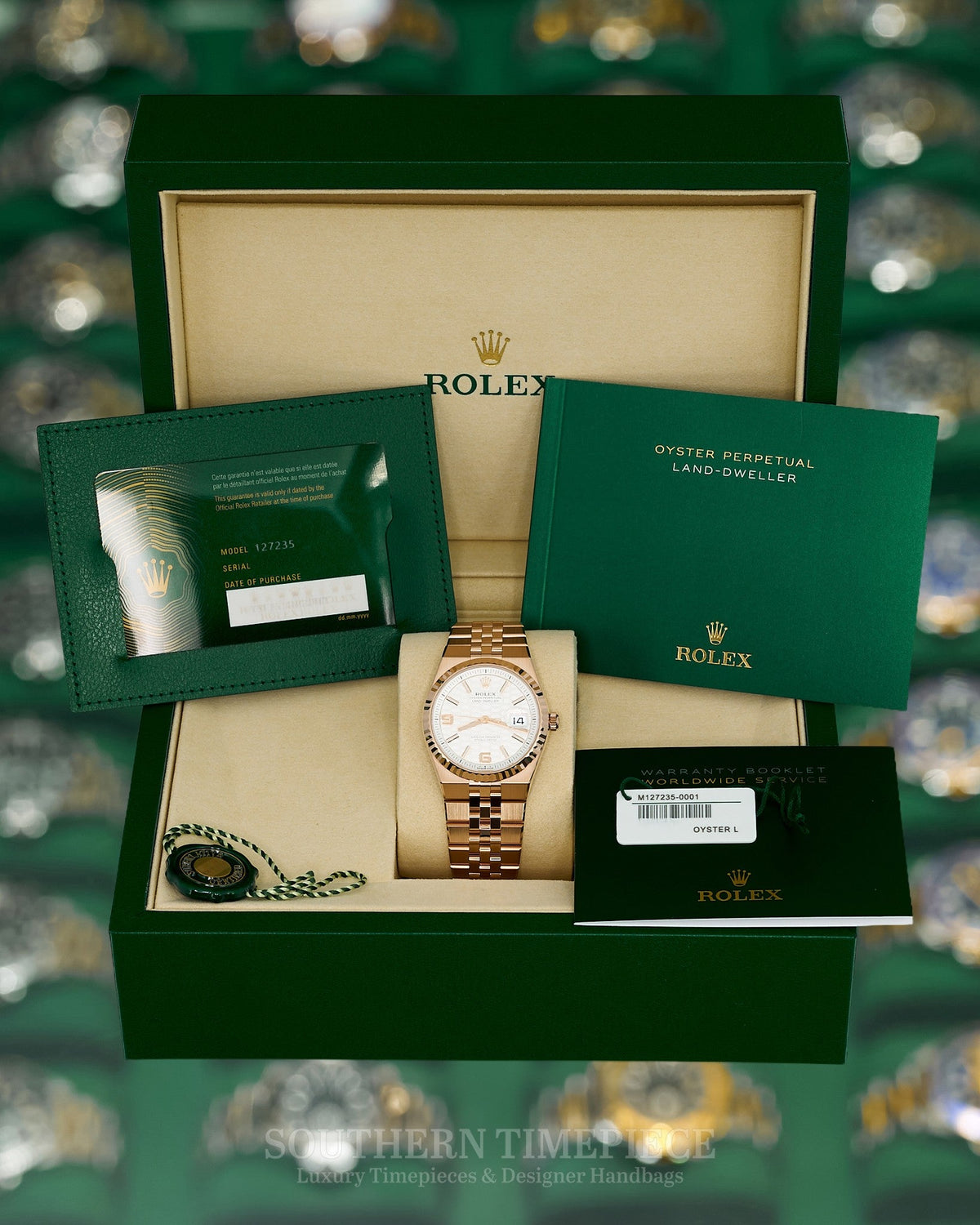 Brand New 2026 36mm Rolex Land-Dweller in Solid 18kt Rose Gold with White Honeycomb-Motif Dial (Ref: 127235)(Year: 2026)(Box & Papers)