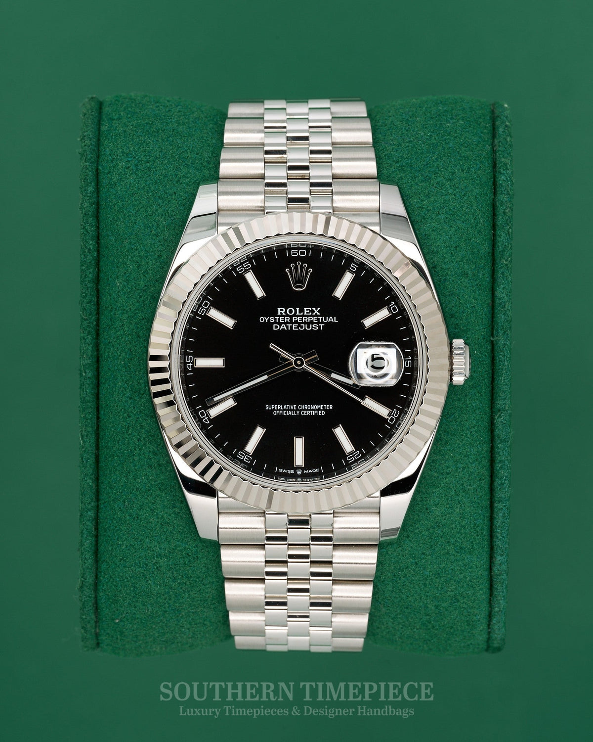41mm Rolex Datejust with Black Stick Dial in 18kt White Gold and Oystersteel on Jubilee (Ref: 126334)(Year: 2021)(Box & Papers)