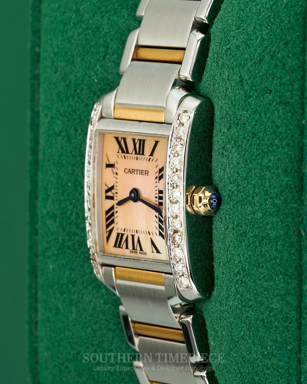 25mm Cartier Tank Francaise Small in 18kt Yellow Gold & Stainless with Pink Mother of Pearl Dial and Custom Diamonds (Ref: W51007Q4)(2000's-2010's)