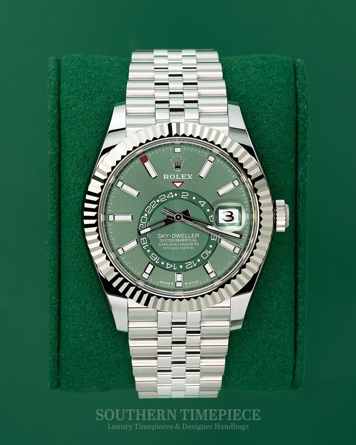Brand New 2026 42mm Rolex Sky-Dweller Mint Green in 18kt White Gold & Oystersteel on Jubilee (Ref: 336934)(Year: 2026)(Box & Papers)