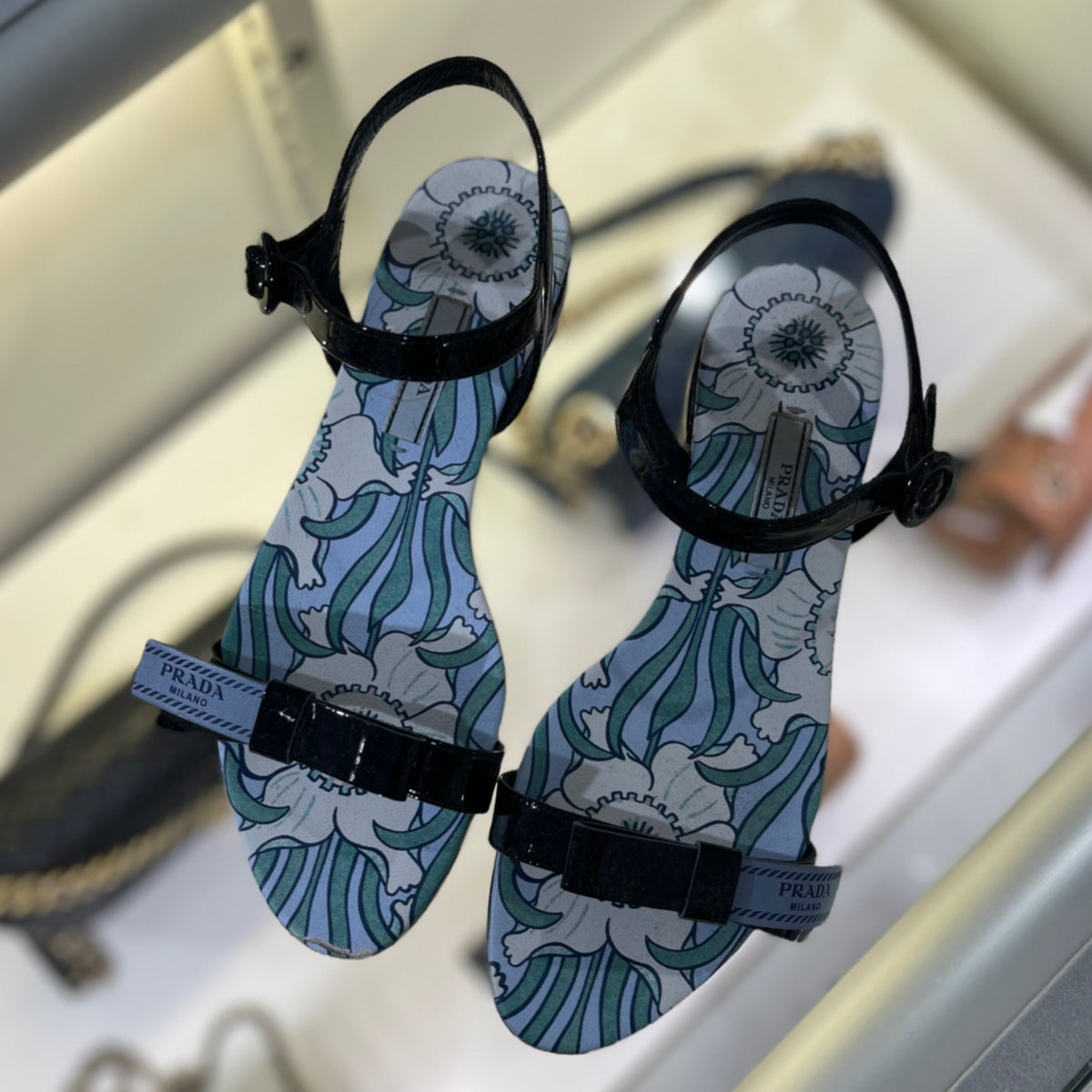 Prada Flat Patent Logo Ribbon Sandals Size 37