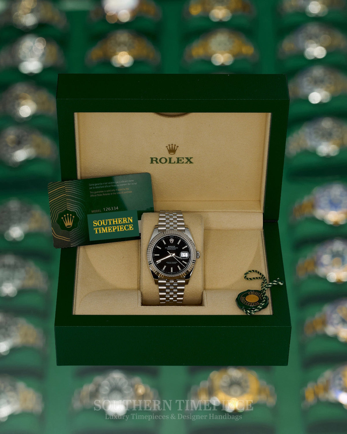41mm Rolex Datejust with Black Stick Dial in 18kt White Gold and Oystersteel on Jubilee (Ref: 126334)(Year: 2021)(Box & Papers)