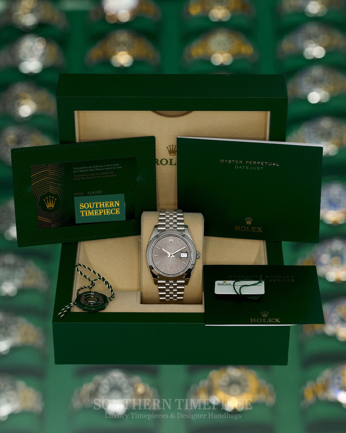 41mm Rolex Datejust with Rhodium Stick Dial in Stainless Steel on Jubilee Bracelet (Ref: 126300)(Year: 2026)(Box & Papers)