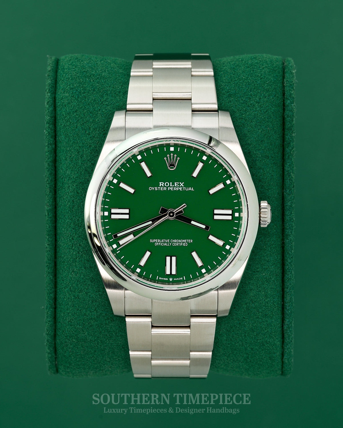 41mm Rolex Oyster Perpetual Green Dial in Stainless Steel on Oyster (Ref: 124300)(Year: 2022)(Box & Papers)