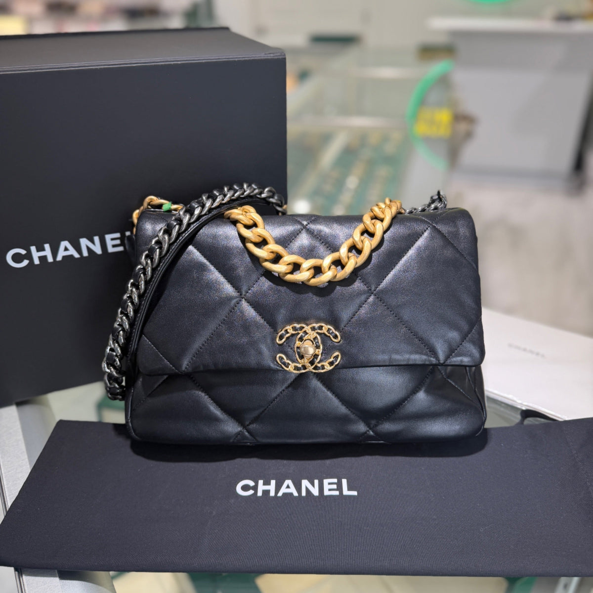 Chanel 19 Large Flap Bag - Black Shiny Lambskin Quilted Leather