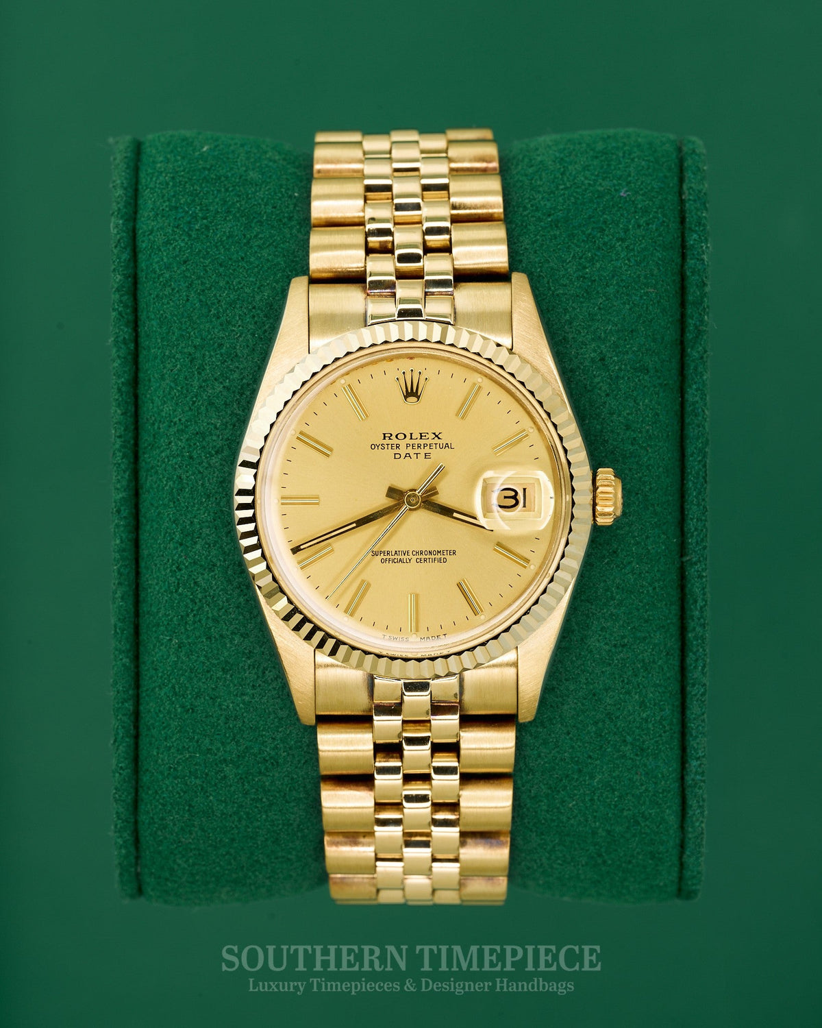 34mm Rolex Date in Solid 14kt Yellow Gold with Champagne Stick Dial and Fluted Bezel on Jubilee (Ref: 15037)(Year: 1987)(Box & Papers)