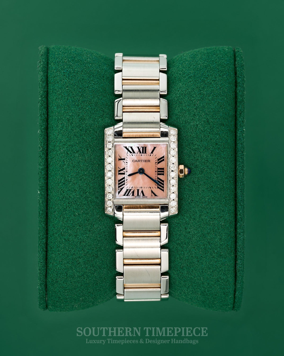 25mm Cartier Tank Francaise Small in 18kt Rose Gold and Stainless with Pink Mother of Pearl Dial and Custom Diamonds (Ref: W51027Q4)(2000's-2010's)