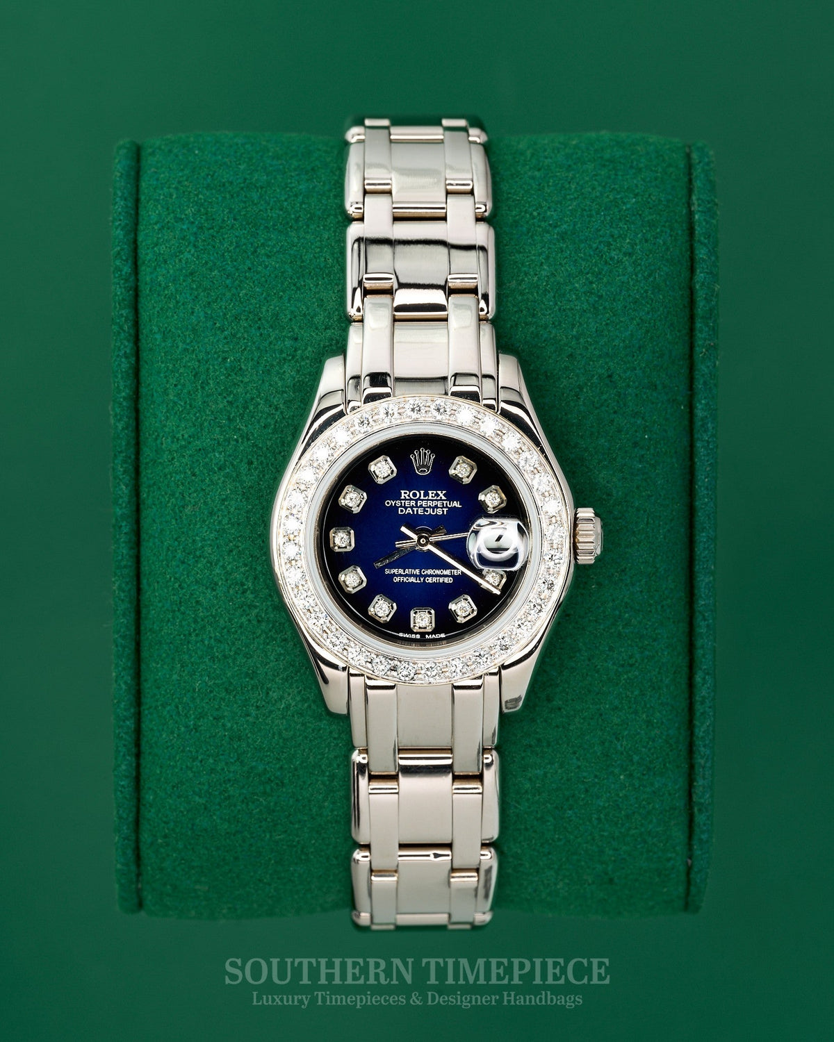 29mm Rolex Pearlmaster/Masterpiece in Solid 18kt White Gold with a Custom Blue Ombre Diamond Dial and Diamond Bezel (Ref: 80329)(Year: 1999)
