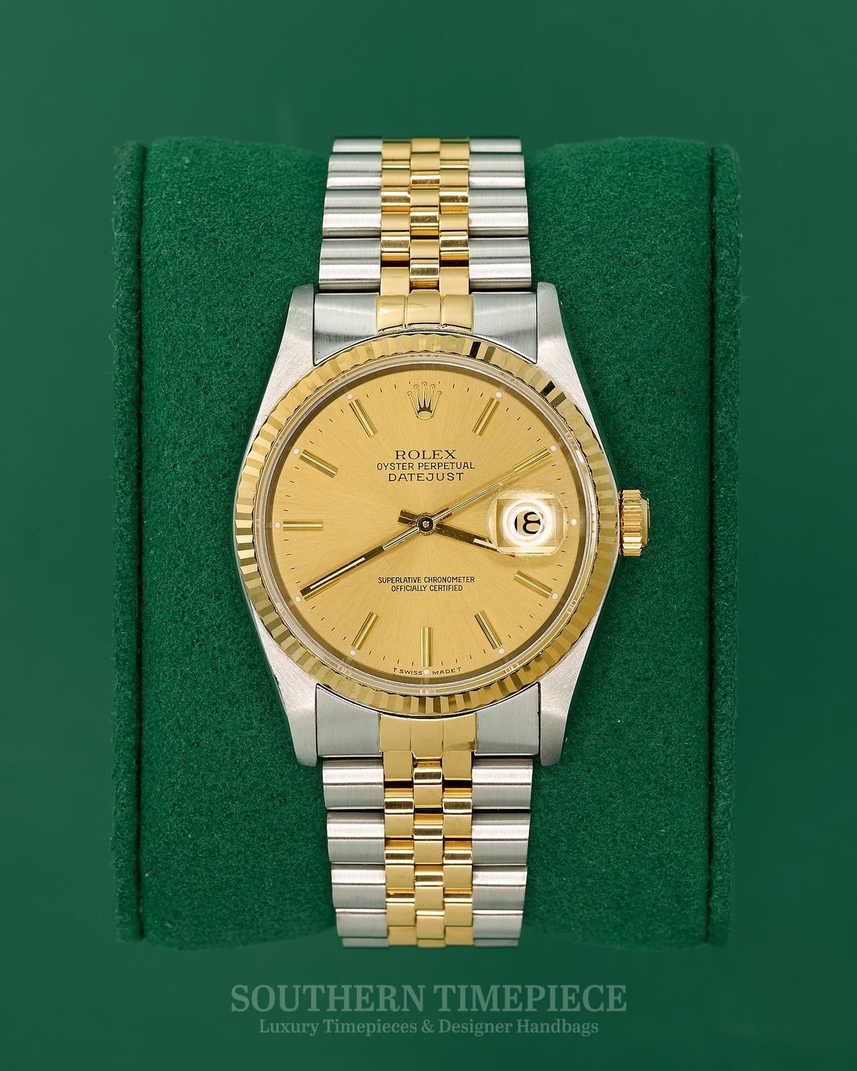36mm Rolex Datejust with Champagne Stick Dial in 18kt Yellow Gold and Stainless on Jubilee (Ref: 16233)(Year: 1990)