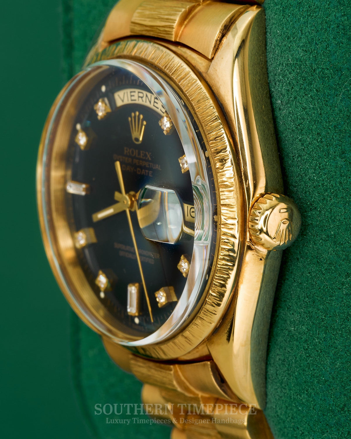 36mm Rolex Day-Date President with a Custom Blk Dia Dial in 18kt Yellow Gold/Bark/Rare Spanish Date Wheel (Ref: 1807)(Year: 1967)(Box & Appraisal)