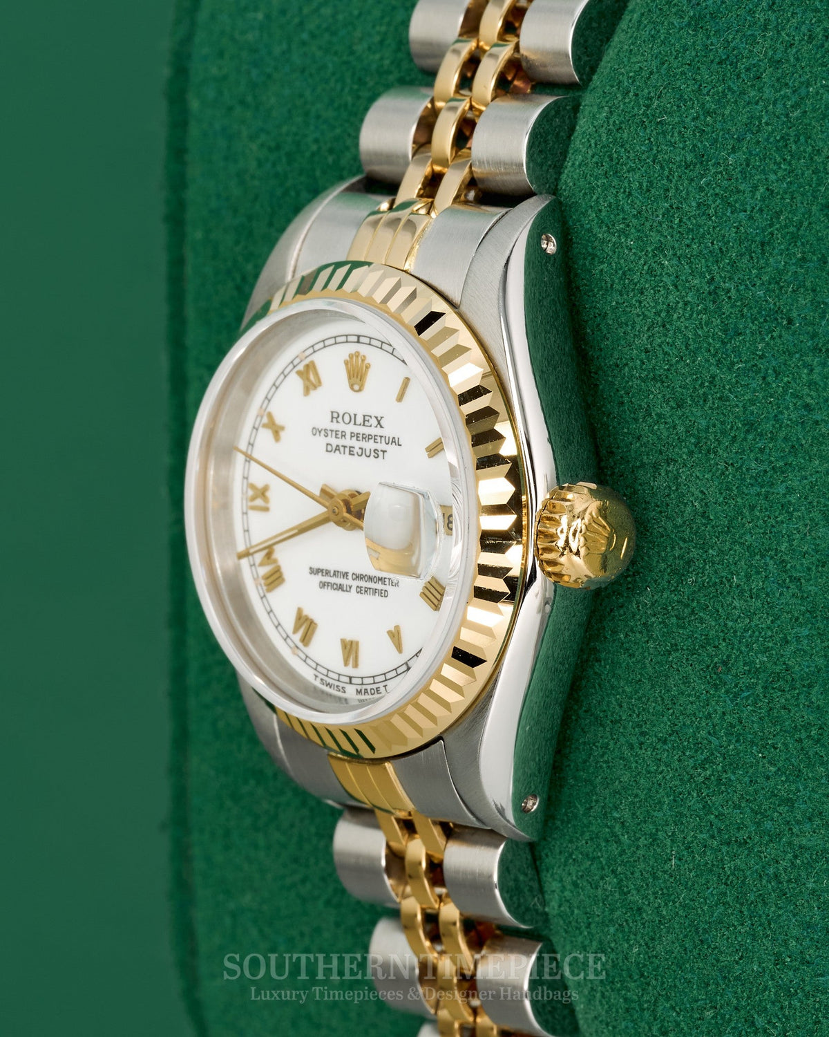 26mm Rolex Datejust with White Roman Numeral Dial in 18kt Yellow Gold and Stainless on Jubilee (Ref: 69173)(Year: 1990)(Box & Papers)