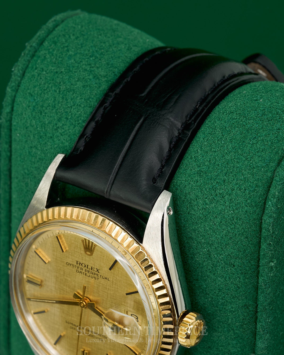 36mm Rolex Datejust with Champagne Linen Dial in Yellow Gold and Stainless on AM Black Leather (Ref: 1601)(Year: 1970)