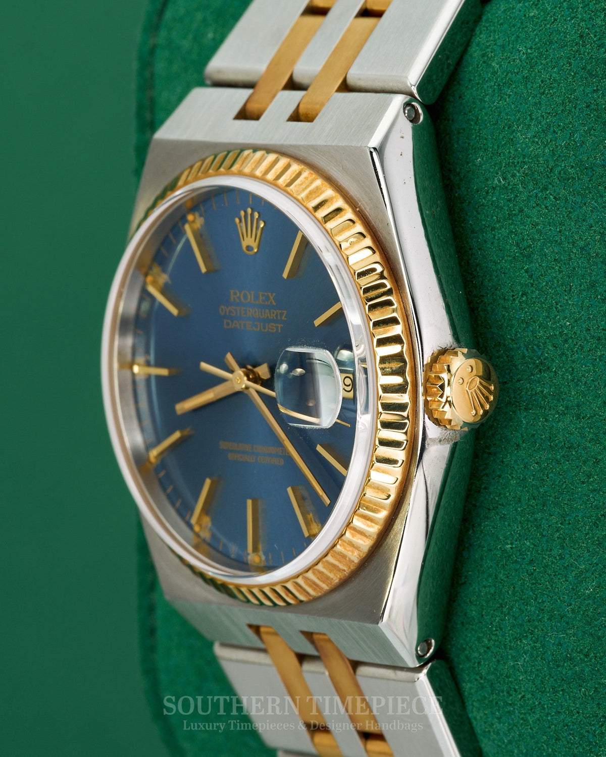 36mm Rolex Datejust Oysterquartz in 18kt Yellow Gold and Stainless with Blue Stick Dial (Ref: 17013)(Year: 1986)