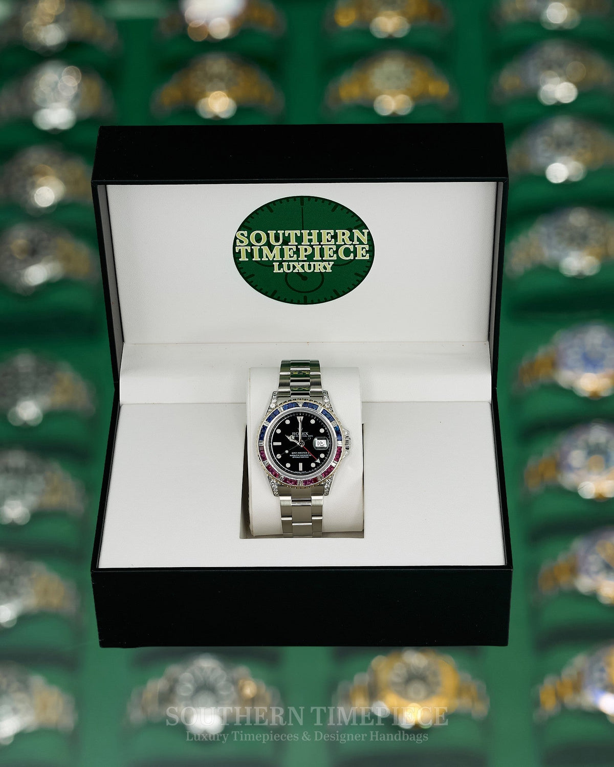 40mm Rolex GMT-Master II with Custom Diamond/Ruby/Sapphire Bezel and Diamond Lugs in Stainless Steel on Oyster (Ref: 16710)(Year: 2003)