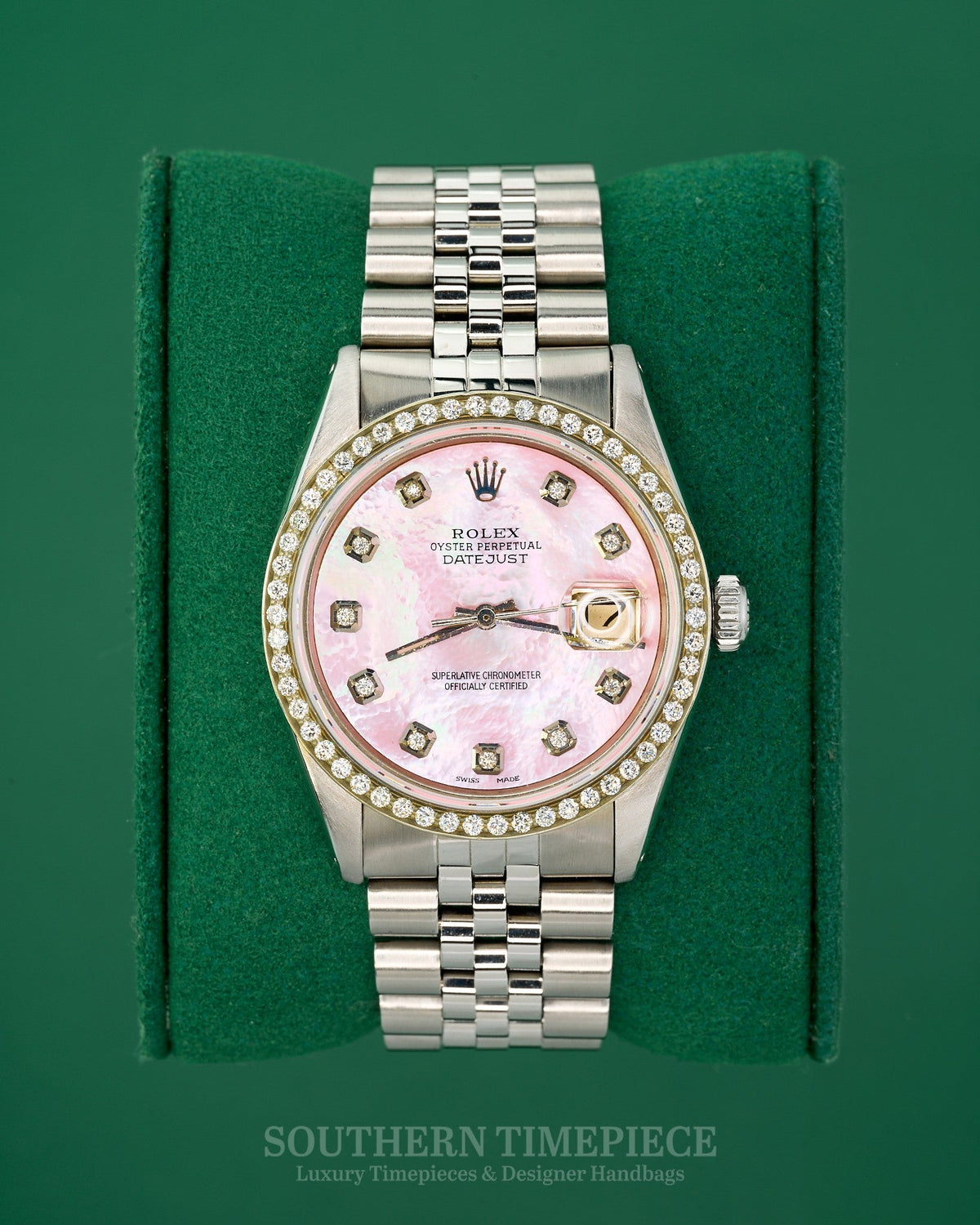 36mm Rolex Datejust in Stainless Steel with Custom Pink Mother of Pearl Diamond Dial and Diamond Bezel (Ref: 16014)(Year: 1981)